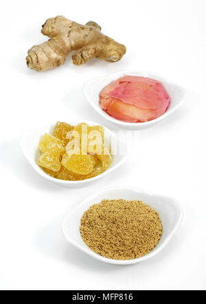 Ginger Powder, Root, Marinated and Crystallised, zingiber officinale  against White Background Stock Photo