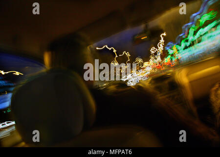 The city lights of Limoges taken from inside a moving car. Stock Photo