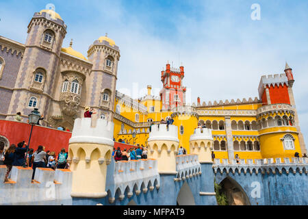 Sintra Palace Portugal, view of the colorful landmark palace, the Palacio da Pena sited on a hill to the south of Sintra, Portugal. Stock Photo