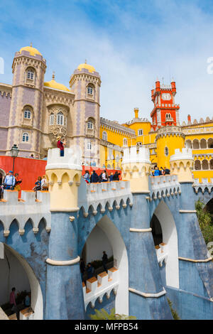 Sintra Portugal, view of the colorful landmark palace, the Palacio da Pena, sited on a hill to the south of Sintra, Portugal. Stock Photo