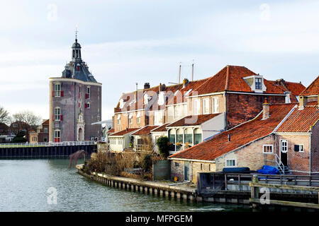 Beautiful view on castle and old houses near the river in Enkhuizen city of Netherlands background Stock Photo