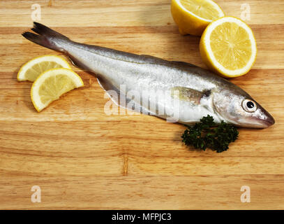 Whiting, merlangius merlangus, Fresh Fish with Parsley and Lemon Stock Photo