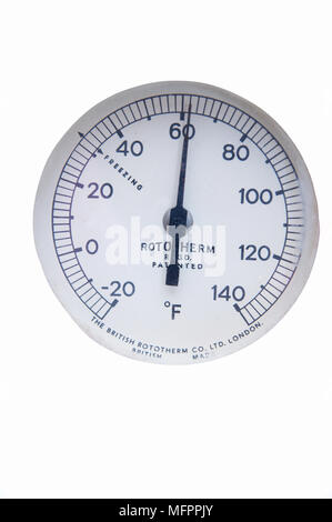 Indoor thermometer indicating cold temperatures Stock Photo