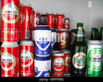 Display of Greek Beers Stock Photo