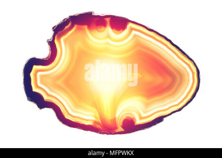 Abstract background, orange sunrise reflection agate round slice mineral isolated on white Stock Photo