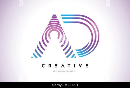 AD Lines Warp Logo Design.Vector Letter Icon Made with Purple Circular Lines. Stock Vector