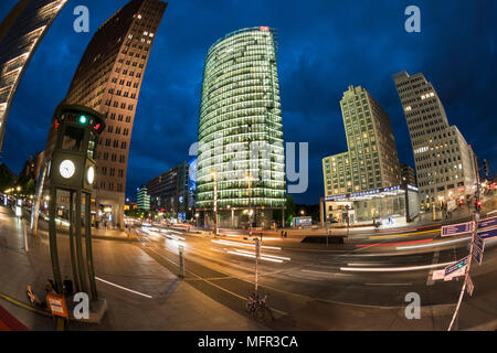 Berlin. Germany. Potsdamer Platz, fisheye night view of skyscrapers.   L-R; Potsdamer Platz No. I (Kollhoff-Tower, Hans Kollhoff), DB Tower (Deutsche  Stock Photo