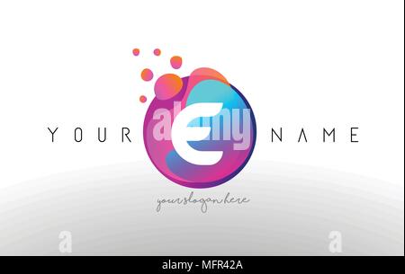 E Dots Letter Logo With Bubbles. A Letter Design Vector with Vibtant Blue Orange Magenta Colors Particles Shapes. Stock Vector