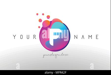 F Dots Letter Logo With Bubbles. A Letter Design Vector with Vibtant Blue Orange Magenta Colors Particles Shapes. Stock Vector