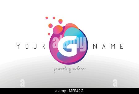 G Dots Letter Logo With Bubbles. A Letter Design Vector with Vibtant Blue Orange Magenta Colors Particles Shapes. Stock Vector