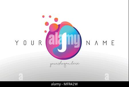 J Dots Letter Logo With Bubbles. A Letter Design Vector with Vibtant Blue Orange Magenta Colors Particles Shapes. Stock Vector