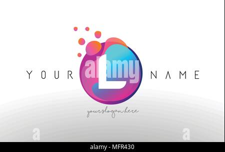 L Dots Letter Logo With Bubbles. A Letter Design Vector with Vibtant Blue Orange Magenta Colors Particles Shapes. Stock Vector