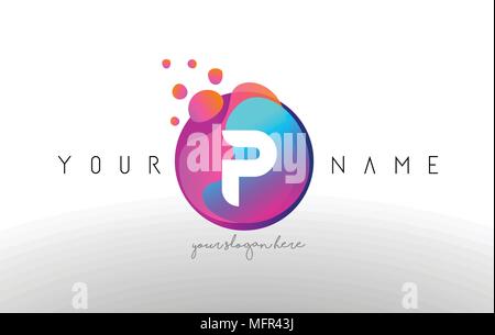 P Dots Letter Logo With Bubbles. A Letter Design Vector with Vibtant Blue Orange Magenta Colors Particles Shapes. Stock Vector