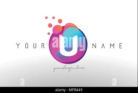 U Dots Letter Logo With Bubbles. A Letter Design Vector with Vibtant Blue Orange Magenta Colors Particles Shapes. Stock Vector