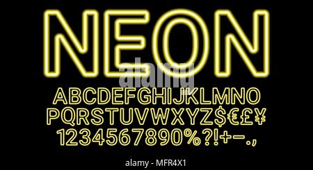 Neon font in yellow color. Vector collection of latin neon letters, neon alphabet consisting of outlines on the dark background Stock Vector