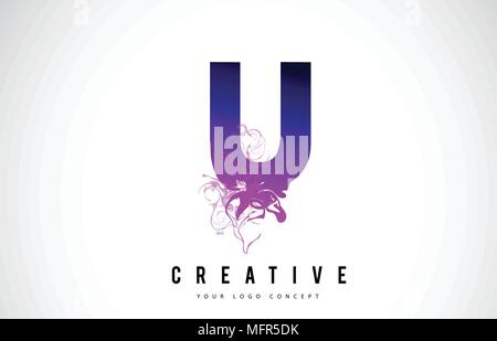 U Purple Letter Logo Design with Creative Liquid Effect Flowing Vector Illustration. Stock Vector