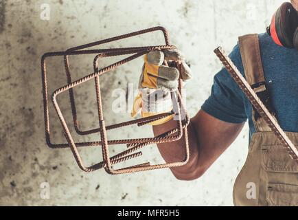 Building Reinforcement Steel Elements. Construction Site Theme. Stock Photo
