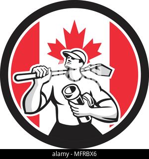 Icon retro style illustration of a Canadian drainlayer, drainage specialist or construction worker holding shovel and pipe with Canada maple leaf flag Stock Vector