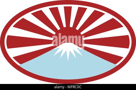 Icon retro style illustration of a snow capped mountain  that looks like Mount Fuji with Japanese rising sun in back set inside oval shape on isolated Stock Vector