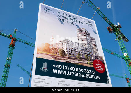 New luxury high-rise  apartment building (Upside) under construction beside East Side Gallery in Friedrichshain, Berlin, Germany. Property development Stock Photo