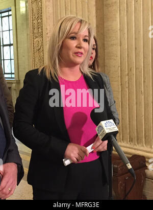 Sinn Fein's vice president Michelle O'Neill speaking at Parliament Buildings at Stormont in Belfast. Stock Photo