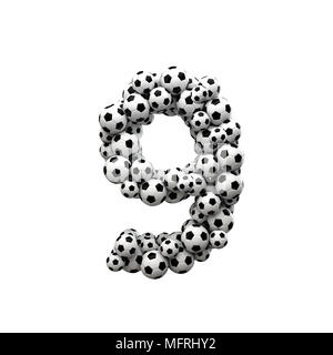 Number 9 font made from a collection of soccer balls. 3D Rendering Stock Photo