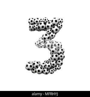 Number 3 font made from a collection of soccer balls. 3D Rendering Stock Photo