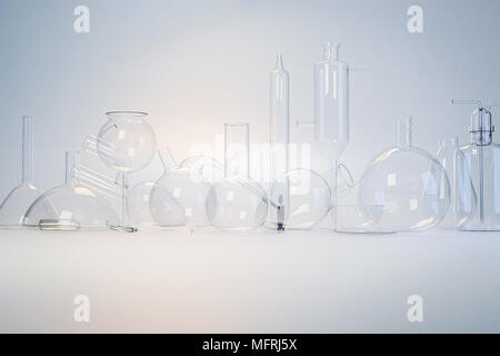 Laboratory Glassware on White Studio Background Different Test Tubes, Vials, Recipients, Medical Experiments Chemistry glassware Stock Photo
