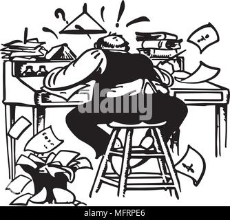 Man Working Madly At Desk - Retro Clipart Illustration Stock Vector