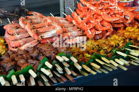 Various meat and seafood skewers, seafood, local, Naka Weekend Market, Phuket, Thailand Stock Photo