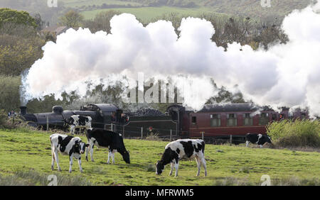 A 1920s Southern Railway 'U' class steam locomotive No. 31806, known as 'Mogul', hauls an excursion train between Dorchester and Weymouth in Dorset, as it makes it's way from Yeovil to Swanage. Stock Photo