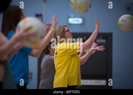 A netball session for older people at the Anfield Community Centre, Liverpool. Stock Photo