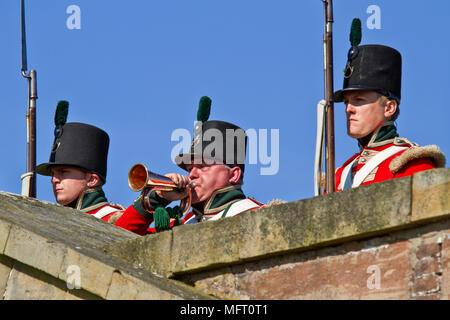 Re-enactors in the uniforms of British redcoats, one playing a bugle Stock Photo