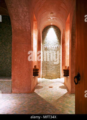 Moroccan terrracotta shower room vaulted ceiling mosaic tiling  interiors bathrooms wet rooms showers ethnic influence warm colours arches arabian moo Stock Photo