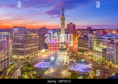 Indianapolis, Indiana, USA downtown cityscape over Monument Circle at dusk. Stock Photo