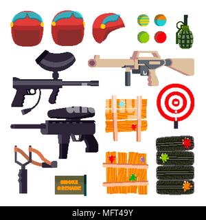 Paintball Icons Set Vector. Paintball Game Accessories. Weapon, Pistol, Helmet, Grenade, Protection, Paint. Isolated Flat Cartoon Illustration Stock Vector