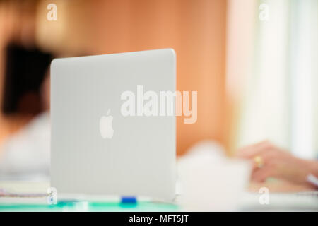 Bangkok, THAILAND - MARCH 17, 2017: Photo of a MacBook Pro. MacBook Pro Retina Display and Apple logo made by Apple Inc. Stock Photo