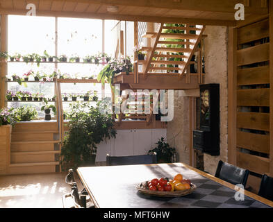 Modern dining area with patterned dining table, chairs, and potted plants adorning a sunny, open stairway.