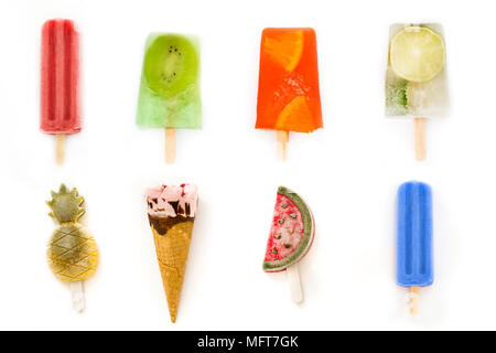 Collage of summer popsicles on white background Stock Photo