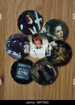 Star Wars Tazos.Pogs. Made for Walkers crisps characters from star wars. Special edition star wars trilogy Tazos Stock Photo