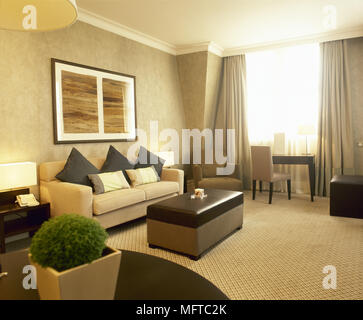 Sitting room with pillow back sofa, leather footstool, carpeted floor and sunny window. Stock Photo