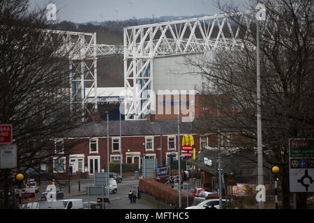 An external view of the ground before Blackburn Rovers played Shrewsbury Town in a Sky Bet League One fixture at Ewood Park. Both team were in the top three in the division at the start of the game. Blackburn won the match by 3 goals to 1, watched by a crowd of 13,579. Stock Photo