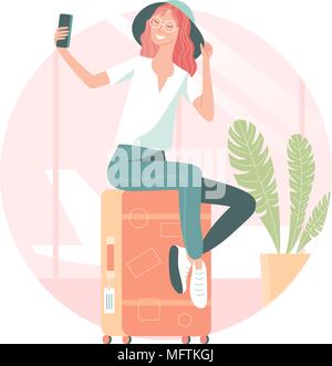 Young woman taking selfie at the airport Vector illustration. Stock Vector