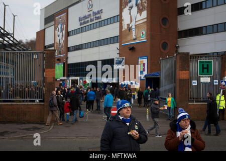 Fans gathering the outside the Blackburn End Stand before Blackburn Rovers played Shrewsbury Town in a Sky Bet League One fixture at Ewood Park. Both team were in the top three in the division at the start of the game. Blackburn won the match by 3 goals to 1, watched by a crowd of 13,579.