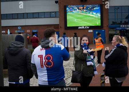 Fans gathering the outside the Blackburn End Stand before Blackburn Rovers played Shrewsbury Town in a Sky Bet League One fixture at Ewood Park. Both team were in the top three in the division at the start of the game. Blackburn won the match by 3 goals to 1, watched by a crowd of 13,579.