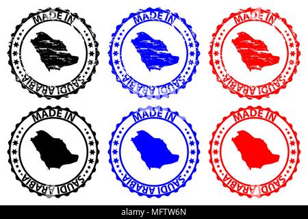 Made in Saudi Arabia - rubber stamp - vector, Saudi Arabia map pattern - black, blue and red Stock Vector