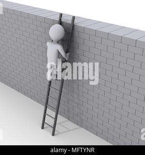 3d person climbing ladder over a brick wall Stock Photo