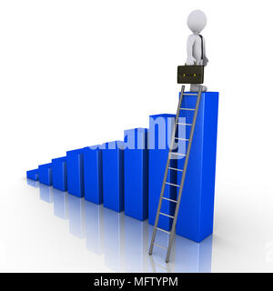 3d businessman is standing on top of a blue chart that has a ladder Stock Photo