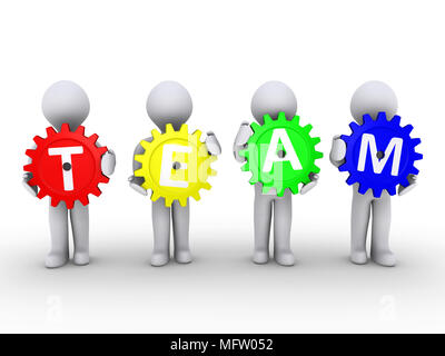 Four 3d people holding cogwheels that spell the word TEAM Stock Photo