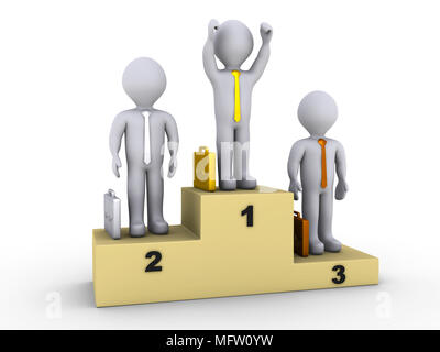3d businessmen on winners podium and the first one is celebrating Stock Photo